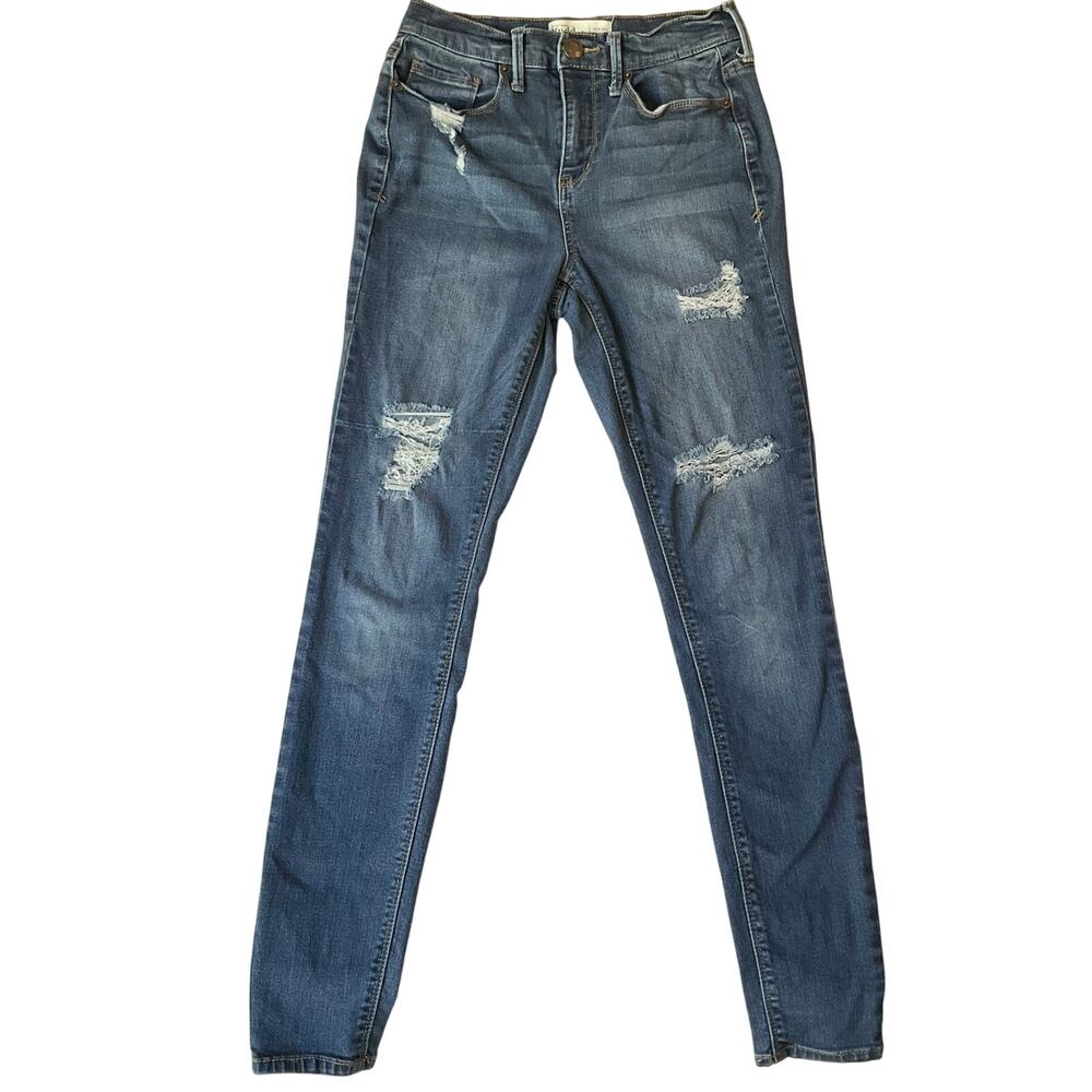Mudd Women Jean Leggings size 3 Blue High Rise Flex Stretch Frayed